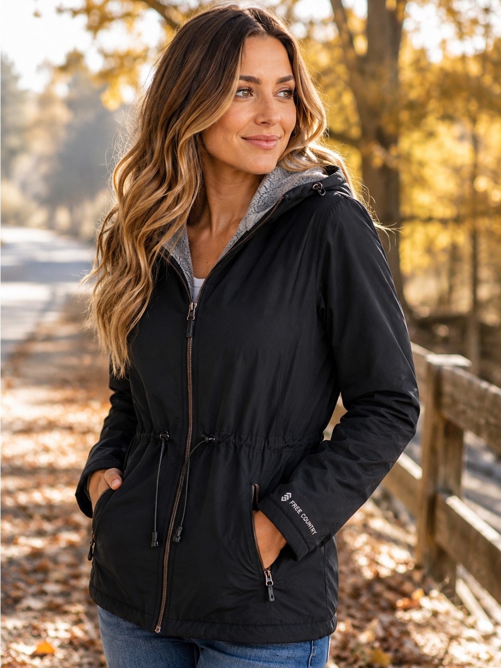 Free Country Black Hooded Fleece Lined Jacket | Women’s Small | Adjustable Waist